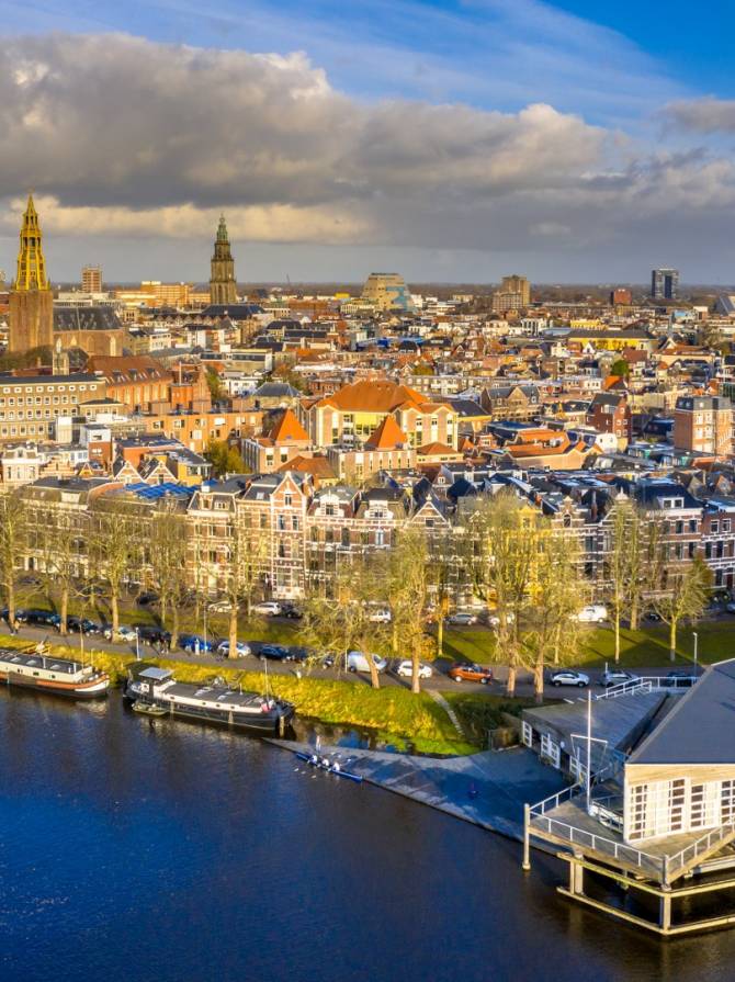 Aerial view of Groningen city centre seen from the south with blue loudy sky